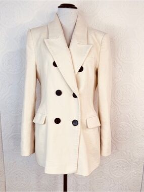 Zara Women's Schoolboy Blazer Jacket LARGE Ivory Double Breast Black Buttons